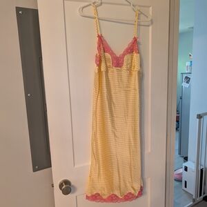Gold Hawk Sunshine Silk Slip Dress w/ Pink Polka Dots Lace Trim L - NWT